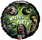 Globo redondo suprafoil de 46 cm con temática zombi, tonos verdes y negros. Perfecto para decoraciones de Halloween y fiestas de disfraces.