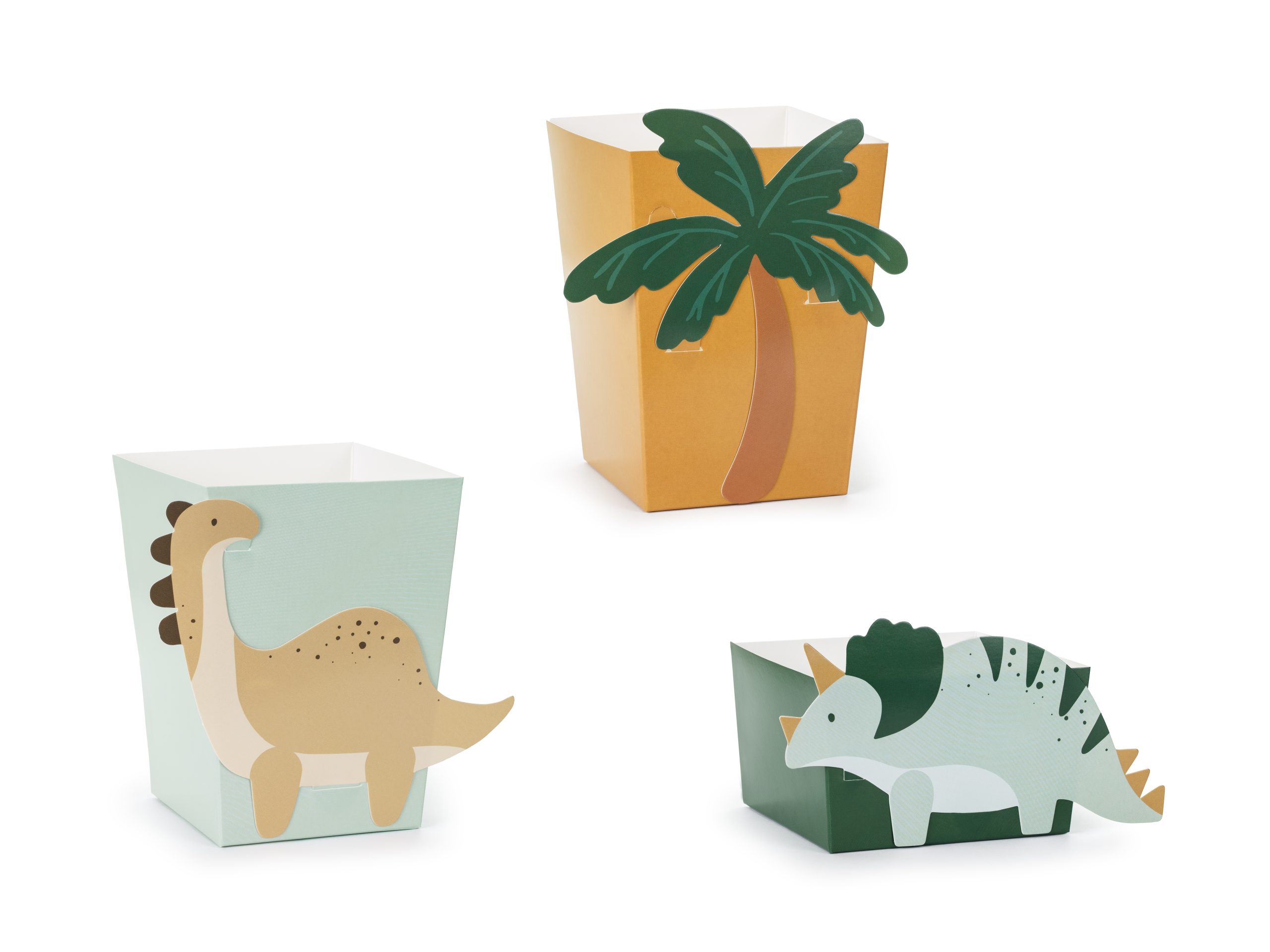Set de 6 cajas para snacks con temática de dinosaurios. Incluye 4 cajas grandes y 2 pequeñas en colores Earthy Jungle, ideales para fiestas infantiles.