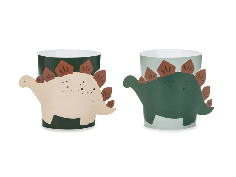 Envolturas para vasos con diseño de dinosaurios en colores Earthy Jungle, set de 6 piezas para fiestas infantiles.
