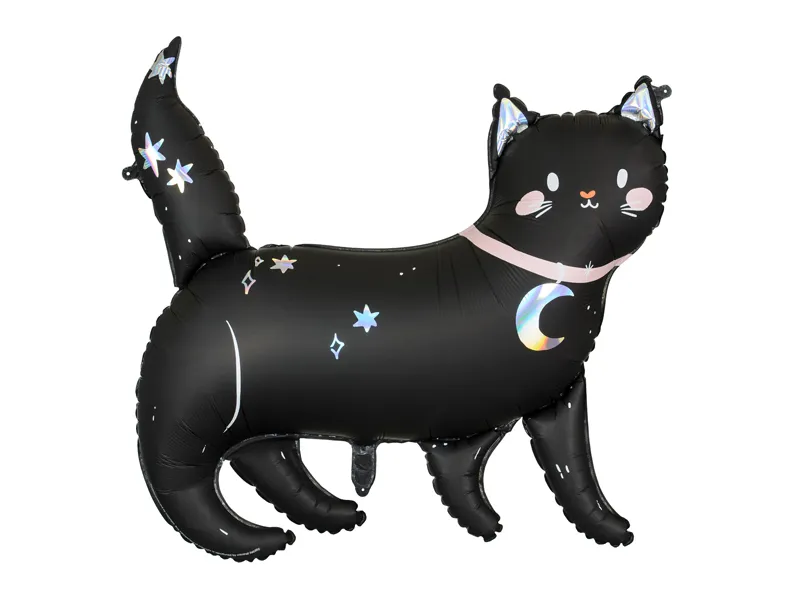 Globo de foil en forma de gato negro con detalles holográficos, ideal para decoraciones de Halloween