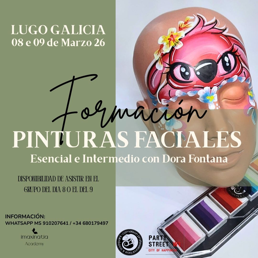 Formación presencial de pintura facial esencial e intermedia con Dora Fontana en Imaxinatia Academy, Lugo